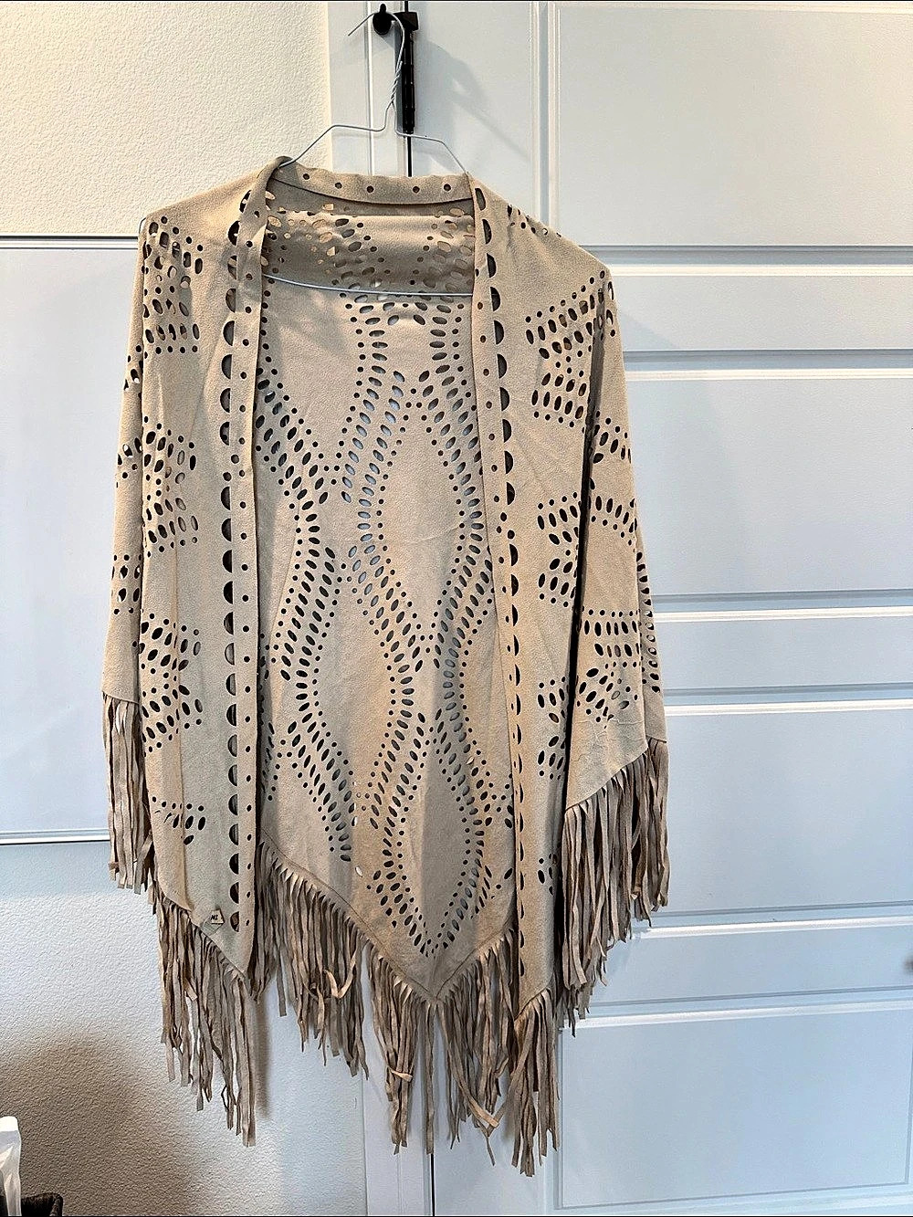 Origami Women's Geometric Fringe Kimono Beige & Brown Like New